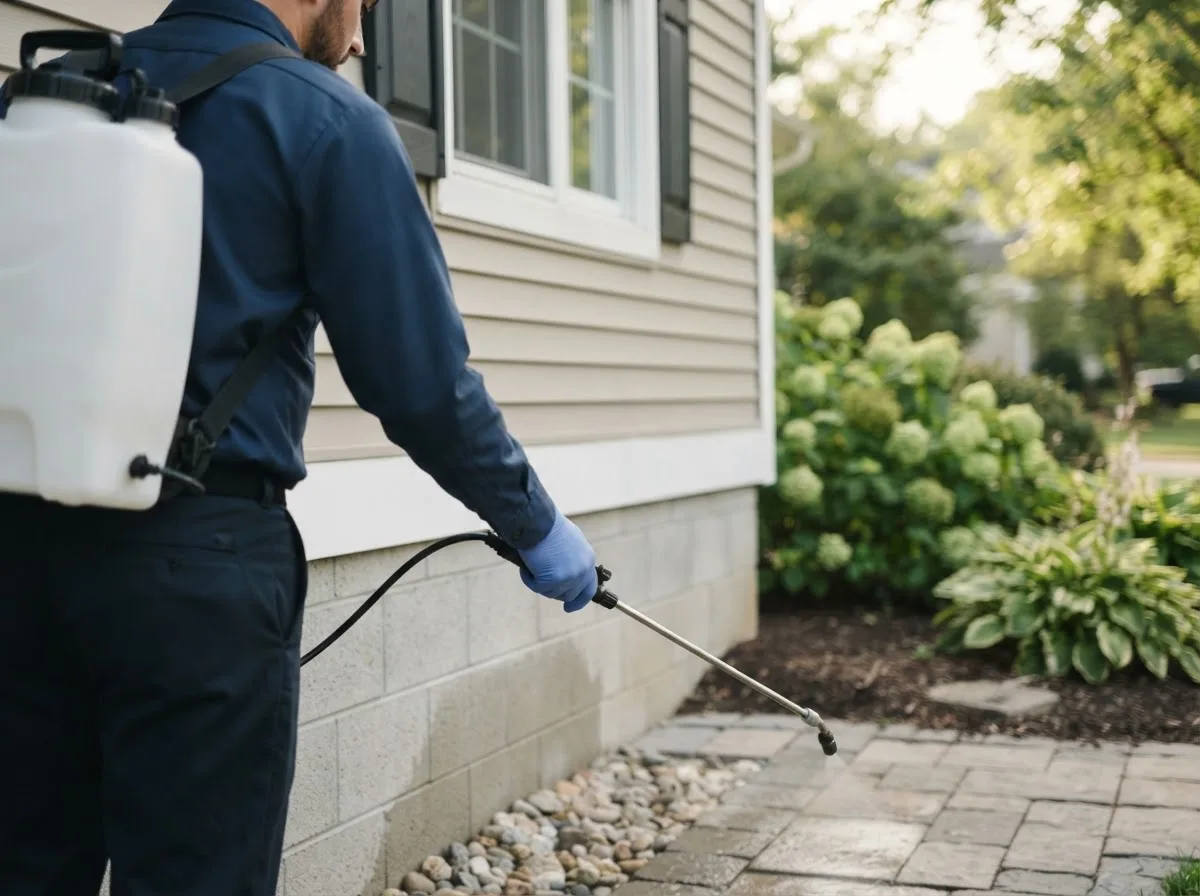 Pest control technician inspecting a home in Eau Claire, MI